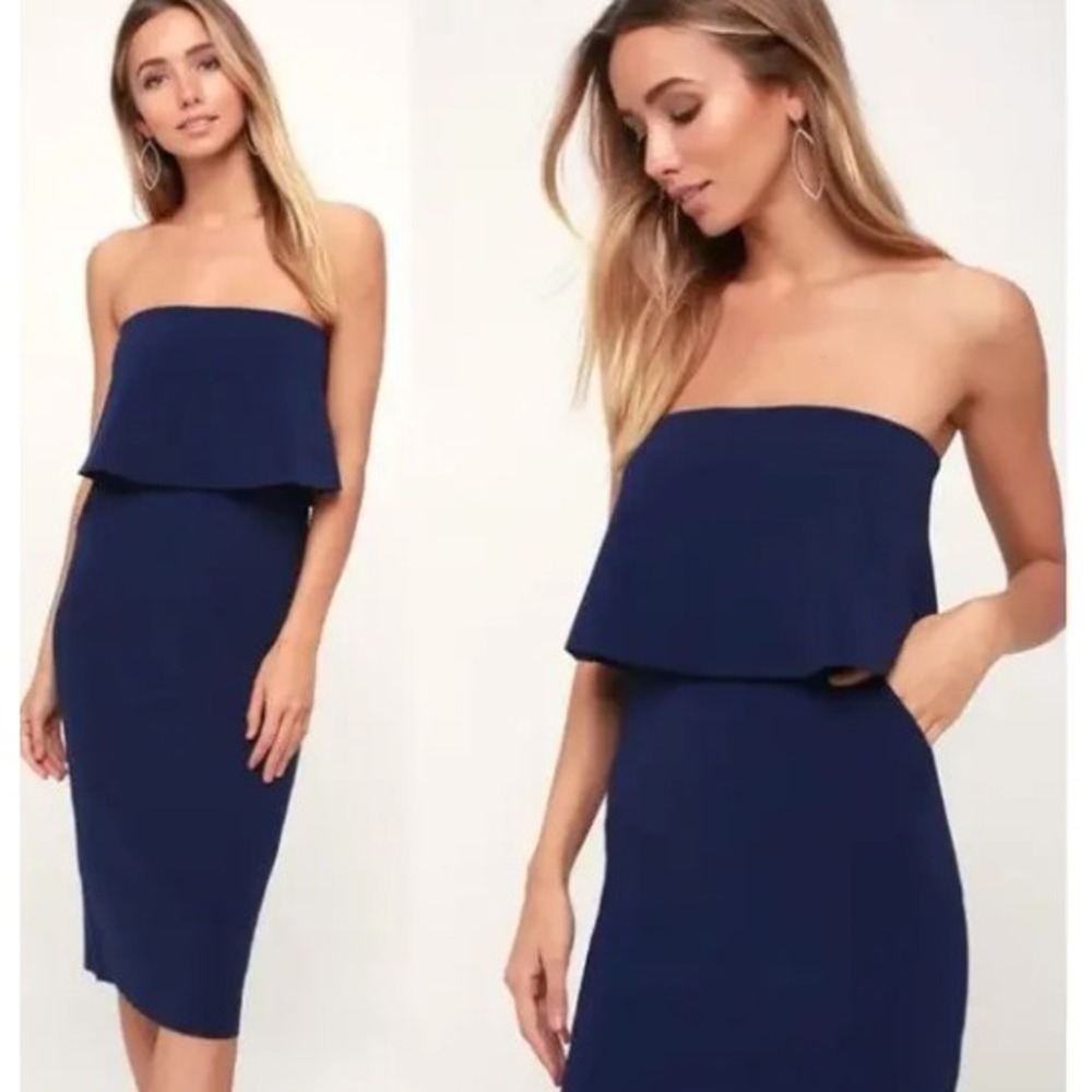 Lulus Navy Blue Strapless Popover‎ Ruffle Midi Dress Pockets Large 0597